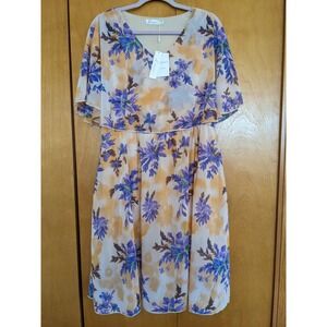 Keluummi Floral Chiffon Flutter Sleeve VNeck Midi Dress Purple Yellow Size 16NWT
